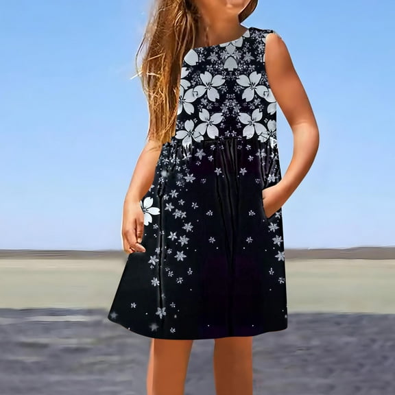 Isvgxsz Party Dresses for Girls New Style Print Round Neck Sleeveless Mid-Length Summer Dresses with Pocket Flounce Stretchable Girls Casual Dresses