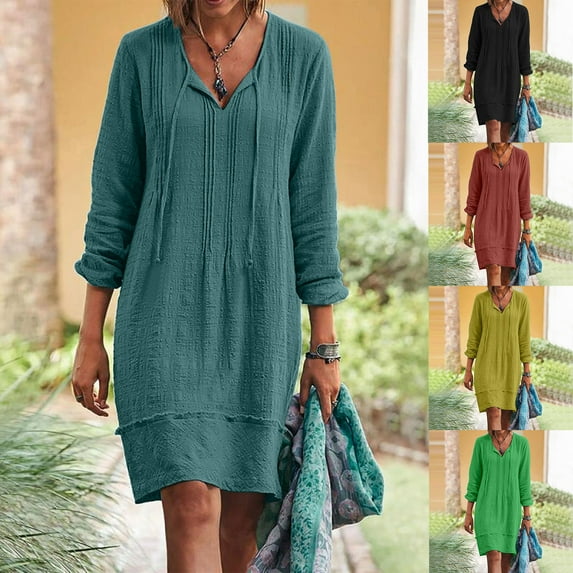 Isvgxsz Plus Size Summer Dresses Women's Fashion Cotton and Linen V-Neck Loose Three Quarter Sleeve Solid Knee-High Dresses for Women 2024 Casual Summer Soft Satiny Green