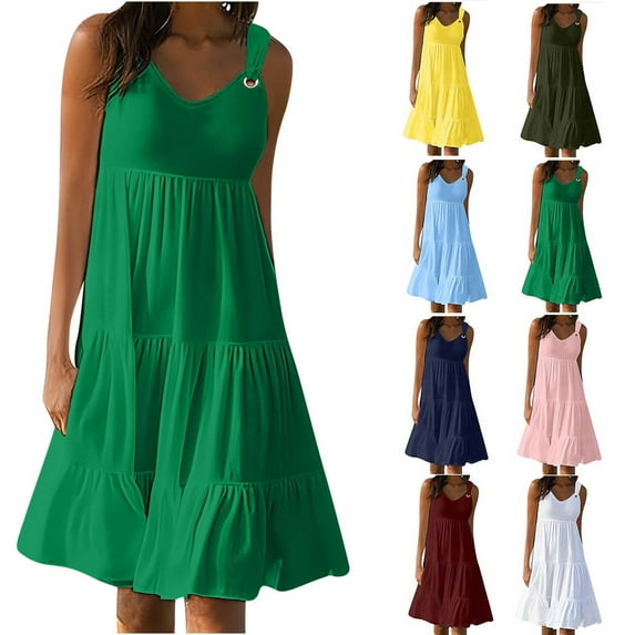 Pounoo Plus Size Summer Dresses Women's Fashion Holiday Summer Casual Dresses Solid Color Sleeveless Party Beach Dress Soft Satiny Pink