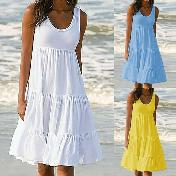 Isvgxsz Plus Size Summer Dresses Womens Fashion Holiday Summer Solid Color Sleeveless Party Beach Casual Dresses Breathable Sky Blue