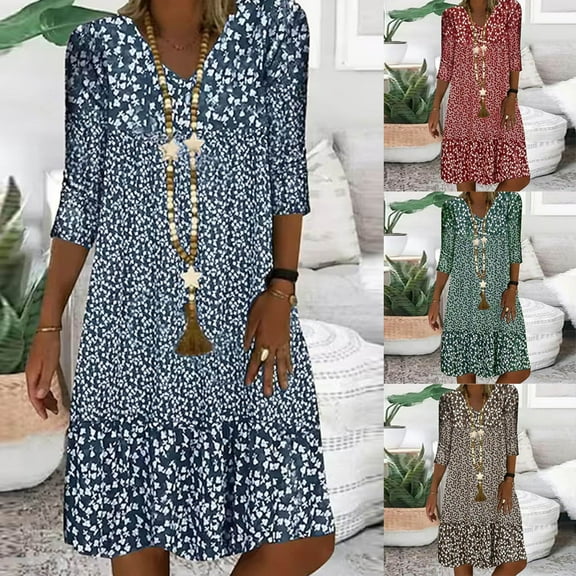 Isvgxsz Summer Dresses for Women 2024 Fashion Women Summer Casual V-Neck Print 3/4 Sleeve Fold Mini Dress Breathable Blue