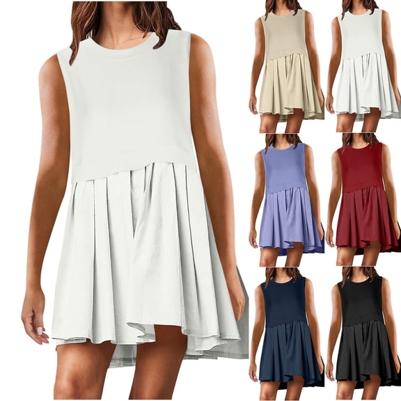 Pounoo Summer Dresses for Women 2024 Women Casual Loose Solid Patchwork Pleated Sleeveeless Round Dress Soft Satiny White