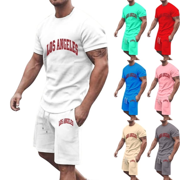 Isvgxsz Summer Two-Piece Sets New Fashion Casual Men's T-Shirt Set Print Sports Short Sleeve Round-Neck Blouses Shirts Sets Soft Satiny Two Piece Set Summer White