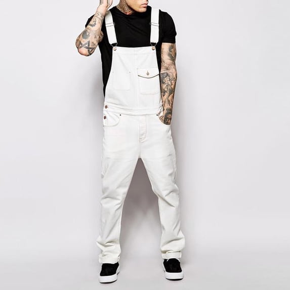 Isvgxsz Trousers for Men Mens Wash Overall Jumpsuit Streetwear Pocket Suspender Pants Trousers Summer Deals White