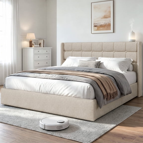 Isvyn Upholstered King Bed Frame, Linen Fabric, Button Tufted Wingback Headboard, Hydraulic Lift Under-Bed Storage, Beige