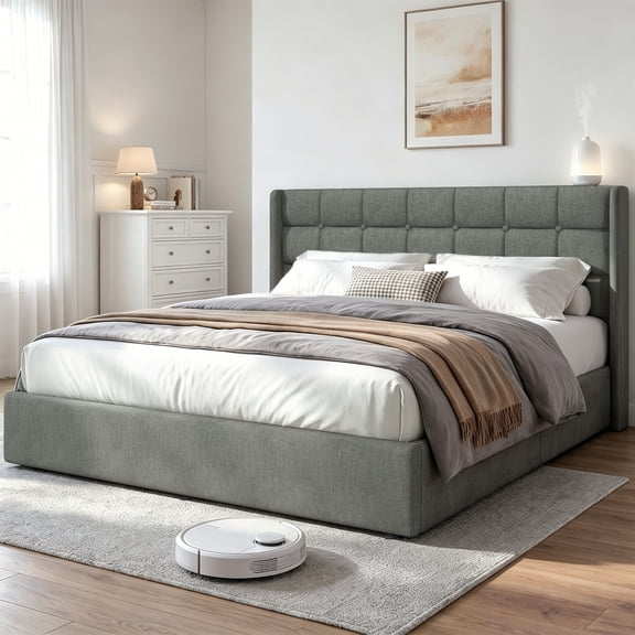 Isvyn King Linen Upholstered Storage Bed Frame with Button Tufted Wingback Headboard, Hydraulic Lift-Up Under-Bed Storage, Gray