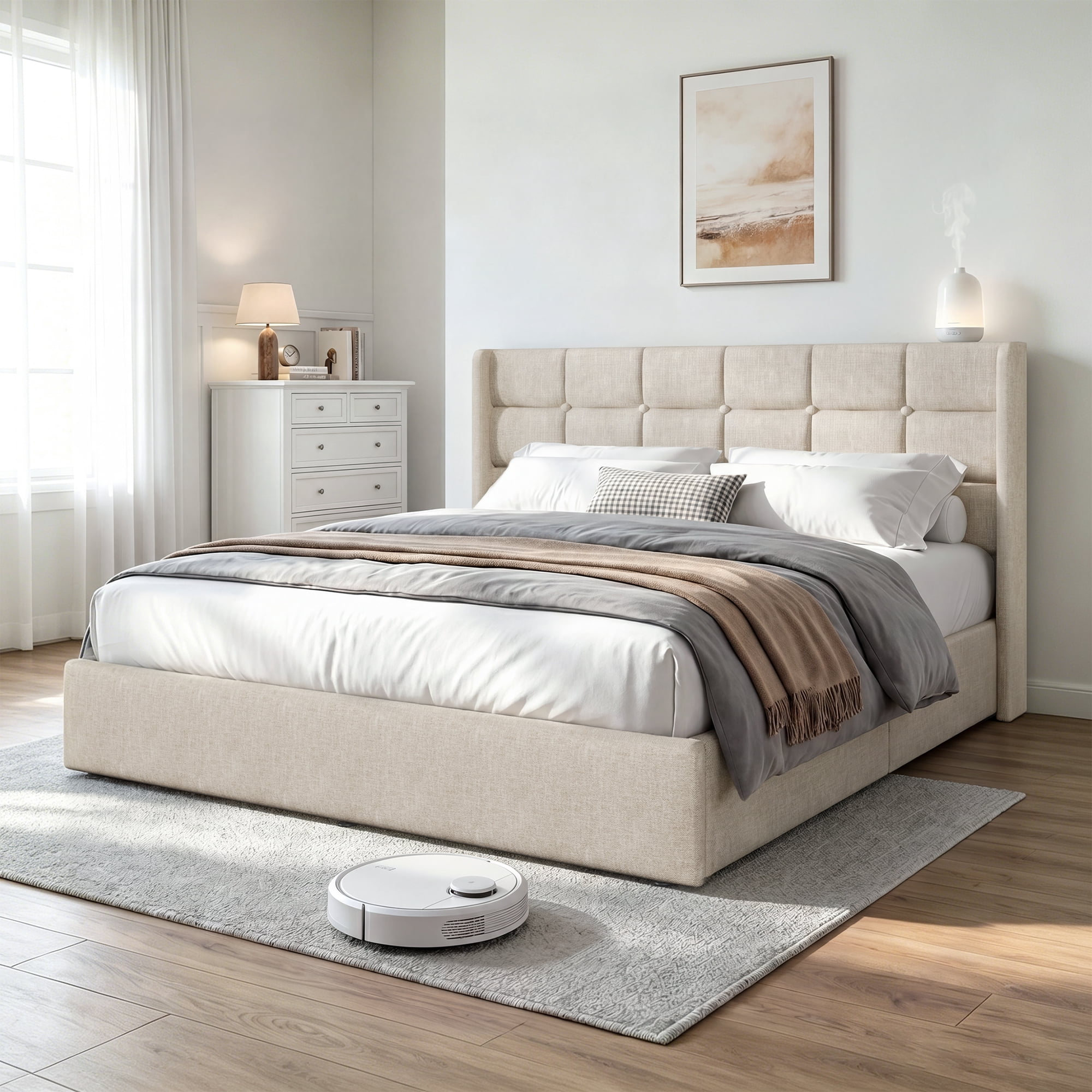 Isvyn Queen Linen Upholstered Storage Bed Frame with Button Tufted ...