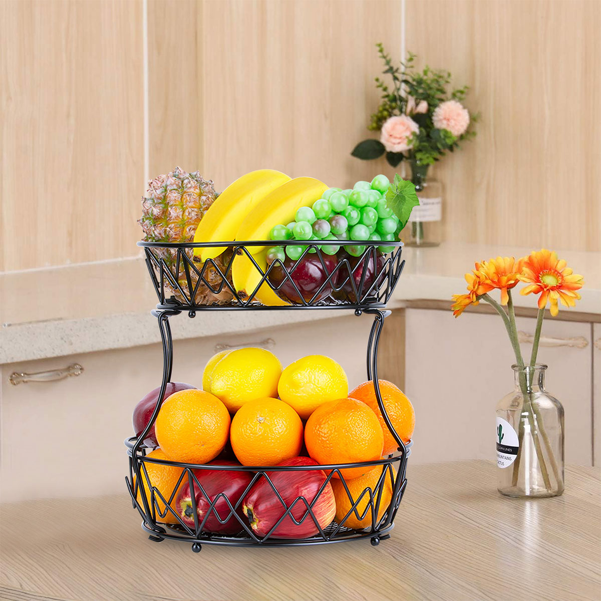2 Tier Metal Fruit Basket Double Hammock Kitchen Iron Fresh Veggie