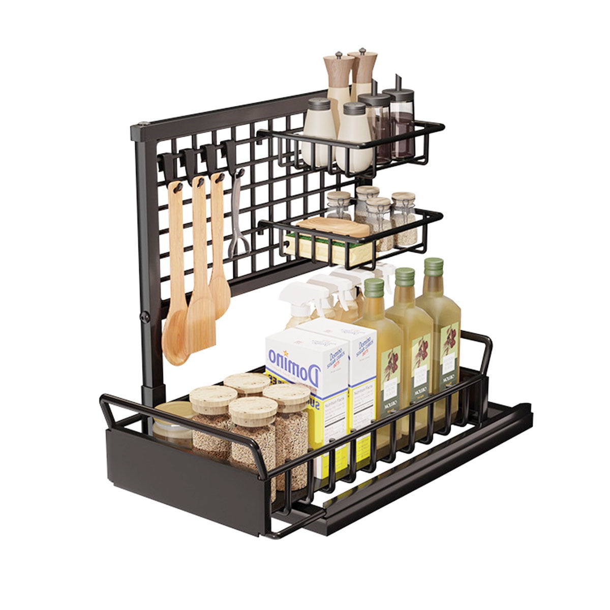 Isyunen Under Sink Kitchen Organizer with Cups and Hooks, Pull Out