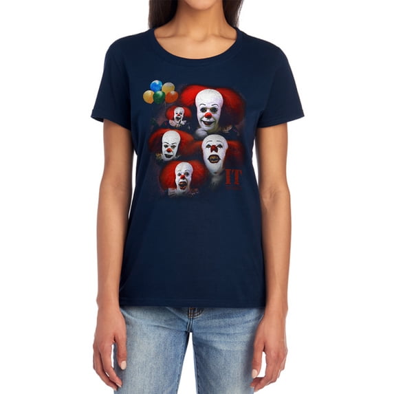 It 1990 Many Faces of Pennywise Women's T Shirt, Navy, Small