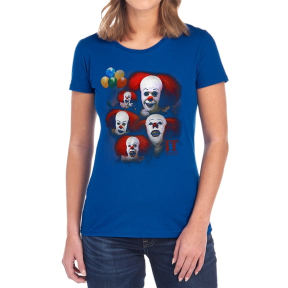 It 1990 Many Faces of Pennywise Women's T Shirt, Royal, Small