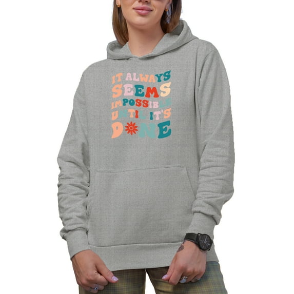 It Always Seems Impossible Until It's Done Quote, Groovy Retro Wavy Text Merch Gift, Heather Grey Hooded Sweatshirt or Hoodie, Small