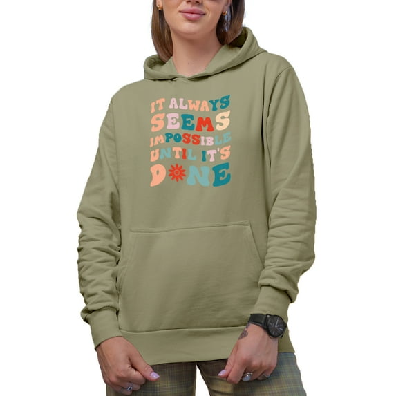It Always Seems Impossible Until It's Done Quote, Groovy Retro Wavy Text Merch Gift, Sand Hooded Sweatshirt or Hoodie, Medium
