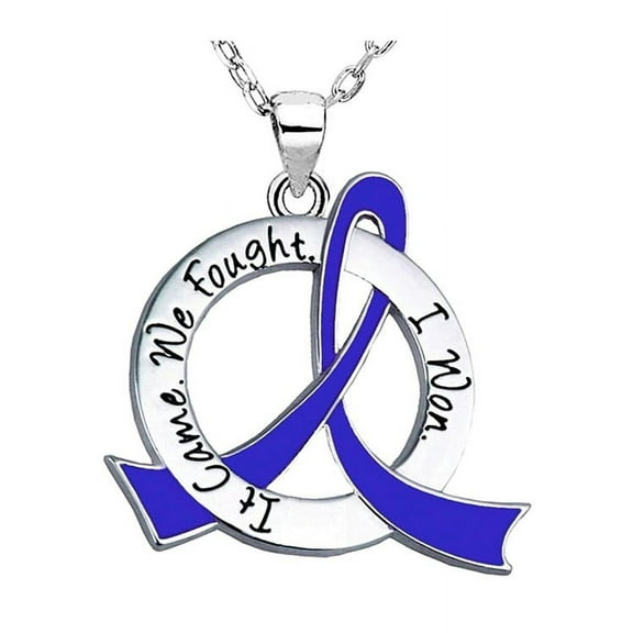 It Came. We Fought. I Won. Awareness Ribbon Survivor Necklace for Colon Cancer, Rectal Cancer - Blue