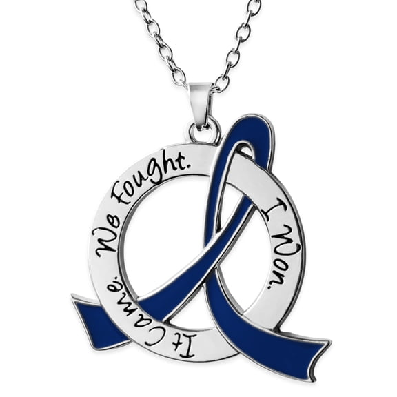 It Came. We Fought. I Won. Awareness Ribbon Survivor Necklace for Colon Cancer, Rectal Cancer - Blue