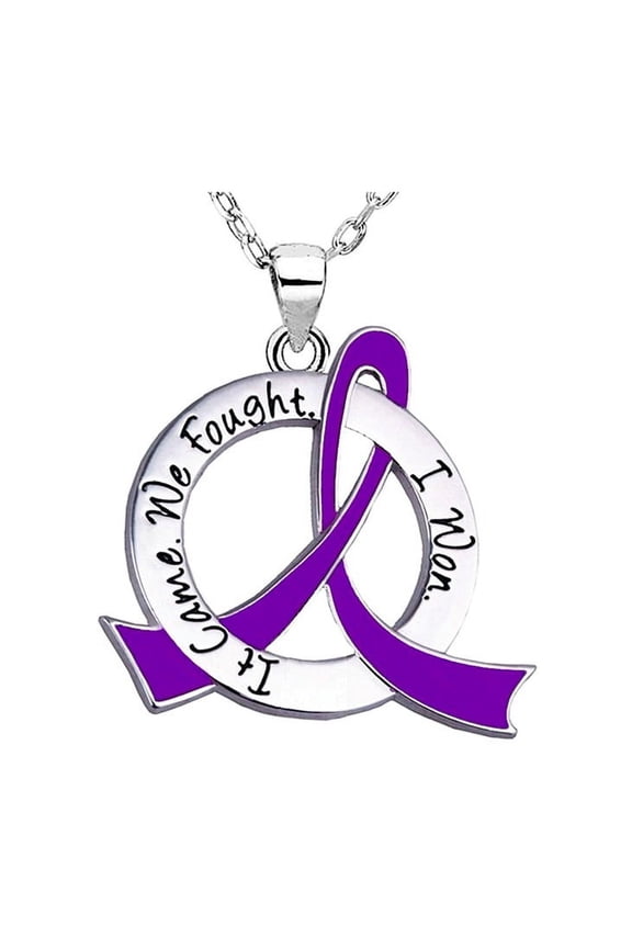 It Came. We Fought. I Won. Awareness Ribbon Survivor Necklace for Pancreatic Cancer, Lupus - Purple