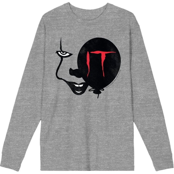 It Chapter 2 Enlarged Pennywise Face Adult Heather Gray Crew Neck Long Sleeve Tee-Small