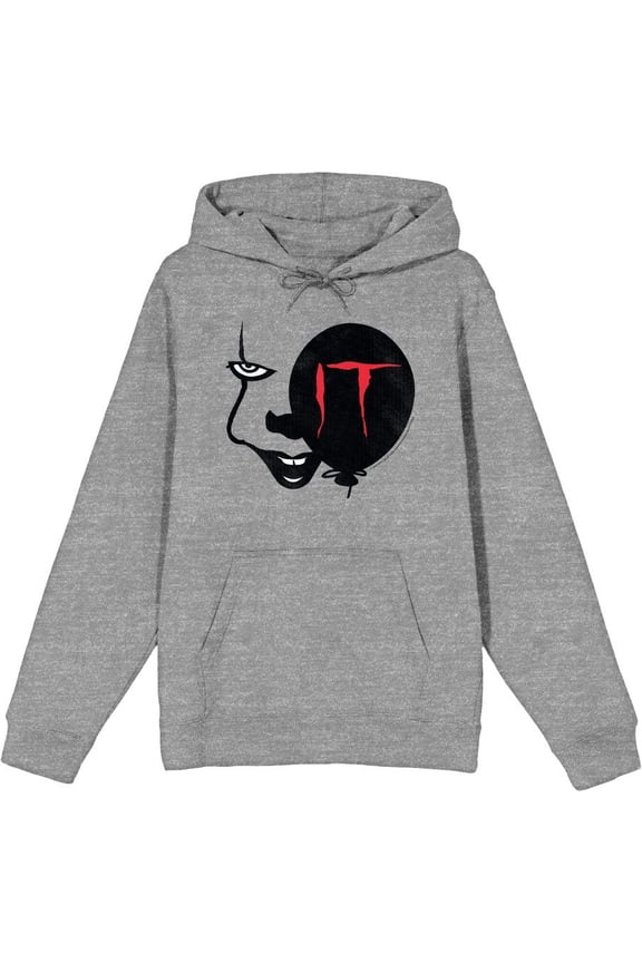 It Chapter 2 Enlarged Pennywise Face Adult Heather Gray Long Sleeve Hoodie-Large