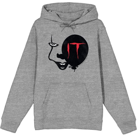 It Chapter 2 Enlarged Pennywise Face Adult Heather Gray Long Sleeve Hoodie-Medium