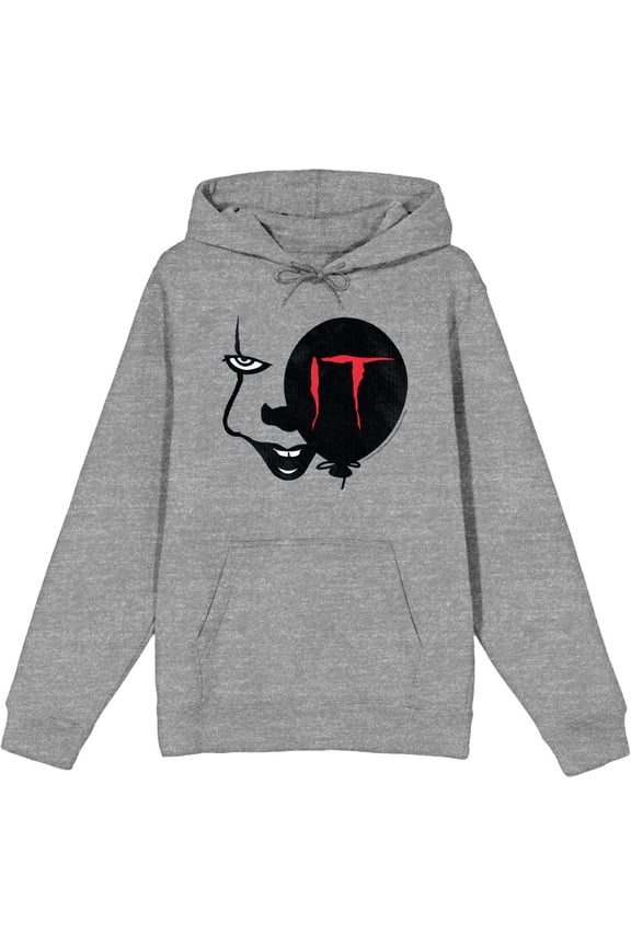 It Chapter 2 Enlarged Pennywise Face Adult Heather Gray Long Sleeve Hoodie-Medium
