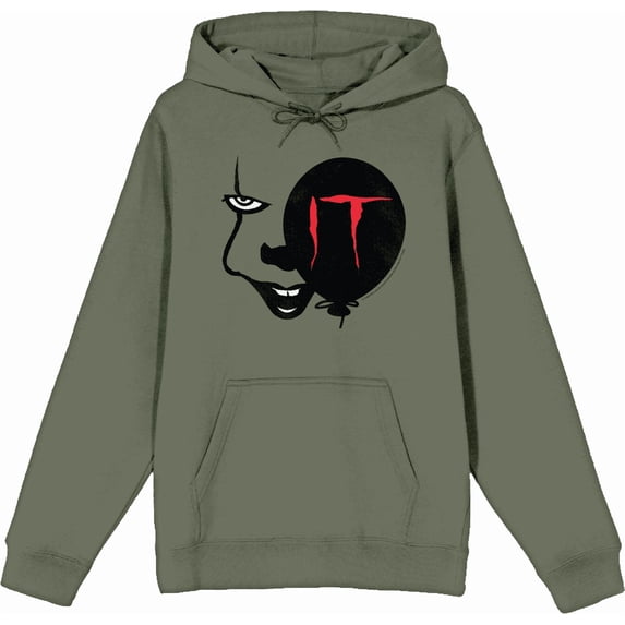 It Chapter 2 Enlarged Pennywise Face Adult Olive Long Sleeve Hoodie-3XL