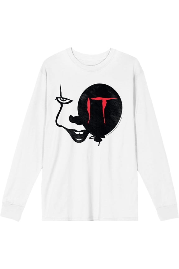 It Chapter 2 Enlarged Pennywise Face Adult White Crew Neck Long Sleeve Tee-XXL