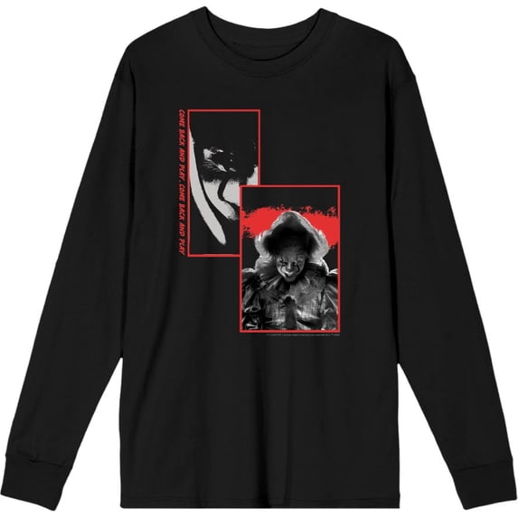 It Chapter 2 Pennywise Screengrab Collage Adult Black Crew Neck Long Sleeve Tee-Medium