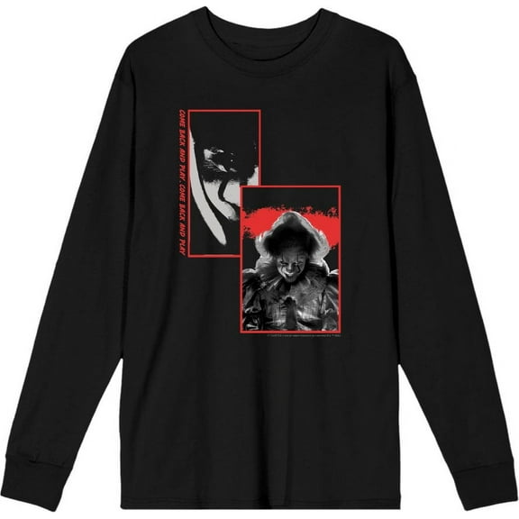It Chapter 2 Pennywise Screengrab Collage Adult Black Crew Neck Long Sleeve Tee-Small