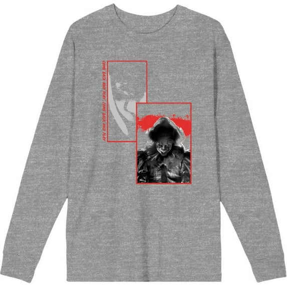 It Chapter 2 Pennywise Screengrab Collage Adult Heather Gray Crew Neck Long Sleeve Tee-Large