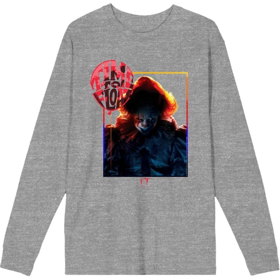 It Chapter 2 Pennywise Time To Float Adult Heather Gray Crew Neck Long Sleeve Tee-Small