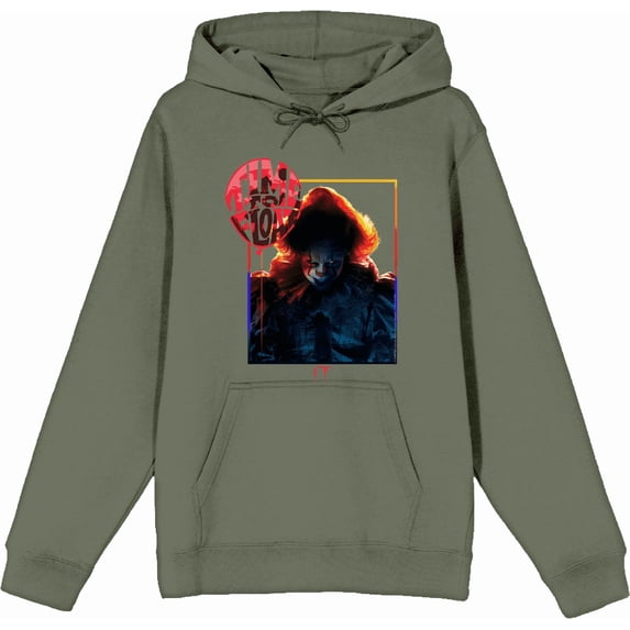 It Chapter 2 Pennywise Time To Float Adult Olive Long Sleeve Hoodie-XL