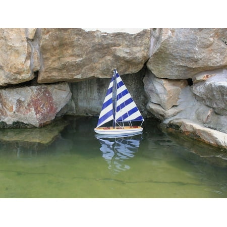 It Floats 12" - Blue Stripes Floating Sailboat - Sailboat Model - Floating Boat