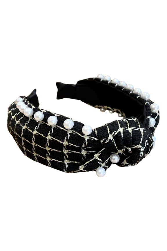 Women's Top Knot Pearl Embellished Tweed Headband | Black