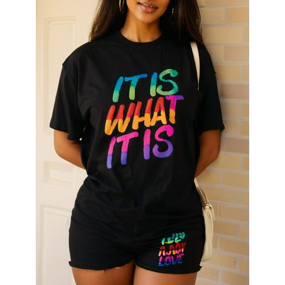 "It Is What It Is" Colorful Letter Print Black T-Shirt & Shorts Set - Casual, Comfortable Fit for Women, Versatile Summer Outfit with Round Neckline and Geometric Pattern
