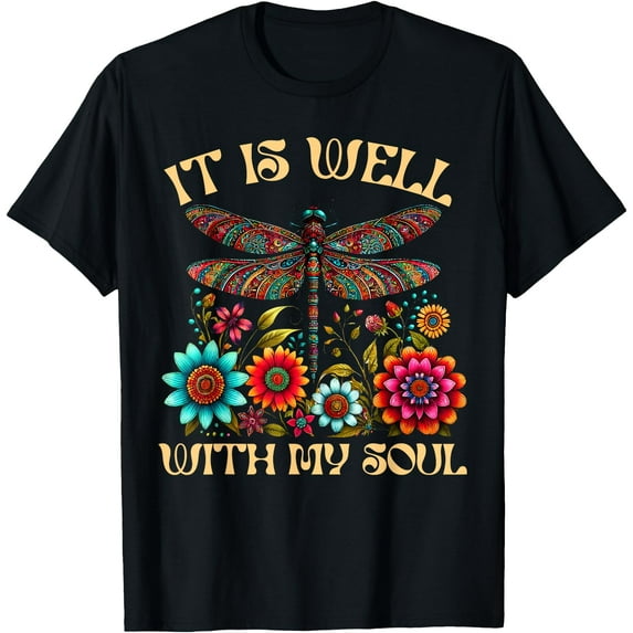 It Is Well With My Soul Dragonfly Floral Boho Christian God Unisex Softstyle T-Shirt,Black Color,Size L