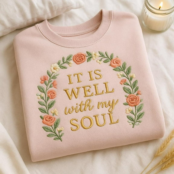 It Is Well With My Soul Sweatshirt, Embroidered Floral Wreath Christian Crewneck, Faith Hymn Shirt, Religious Gift for Her