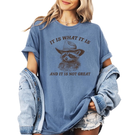 It Is What It Is and It Is Not Great Shirt for Women & Teens Funny Raccoon Tee Blue Jean Shirt Adult Small
