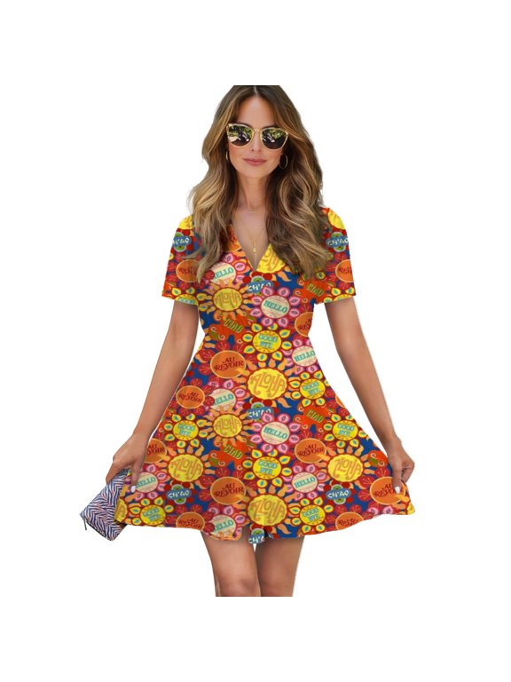 It'S A Small World Flowers Women Dress V-Neck Short Sleeve Flowy Swing Party Midi Dress
