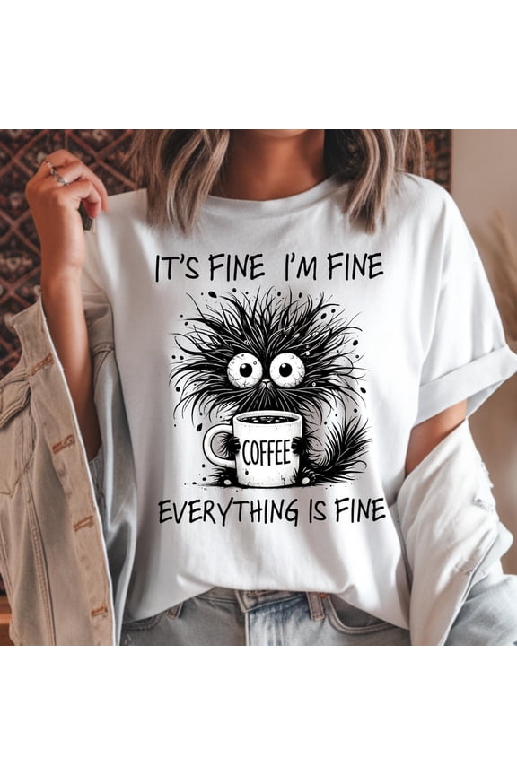 It’S Fine I’M Fine Everything Is Fine Shirt, Black Cat Tee, Introvert Shirt, Positivity Tee All Size S-5XL