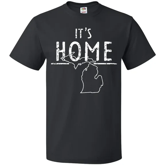 It'S Home- State Of Michigan Outline Distressed Text T-Shirt Lansing Birthday Gifts; For Men & Women