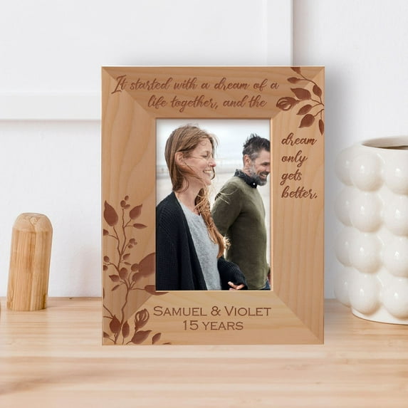 It Started With A Dream Of A Life Together And The Dream Only Gets Better Personalized Wooden Frame 3 1/2" x 5" Brown (Vertical)