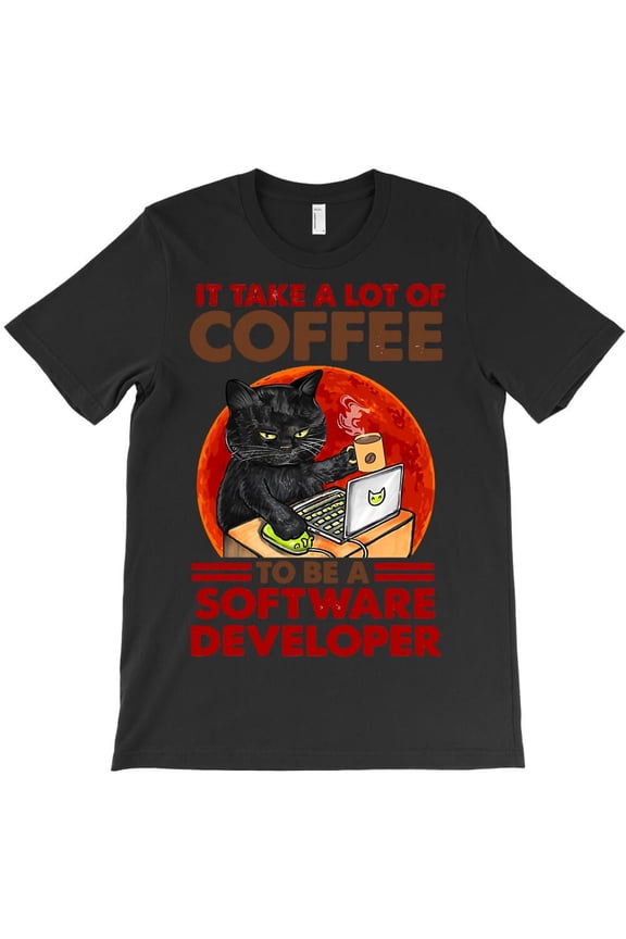It Takes a Lot of Coffee to Be a Software Developer, Funny Cat H5716 T-Shirt, for Men and Women, Up to Size 5XL