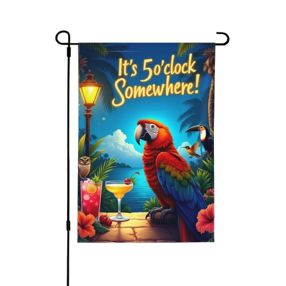 It's 5 O'clock Somewhere Tropical Parrot Garden Flag 12x18 Inch Double Sided – Cocktail Toucan Beach Palm Tree Summer Yard Decoration
