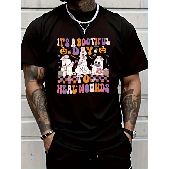 It's A Bootiful Day To Heal Wounds Nurse Halloween Men's Cotton Crew Neck Graphic Tee Casual Short Sleeve Solid T-Shirt