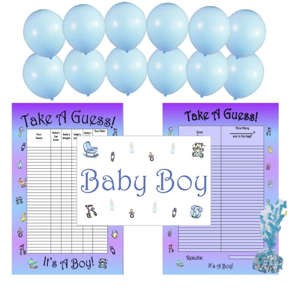 It's A Boy! Baby Guessing Game and Keepsake, Medium-35 Players, 1 Candy/Toy Guessing Game, 12 Blue Balloons, 1 It's A Boy Poster-Bundle Board Boutique