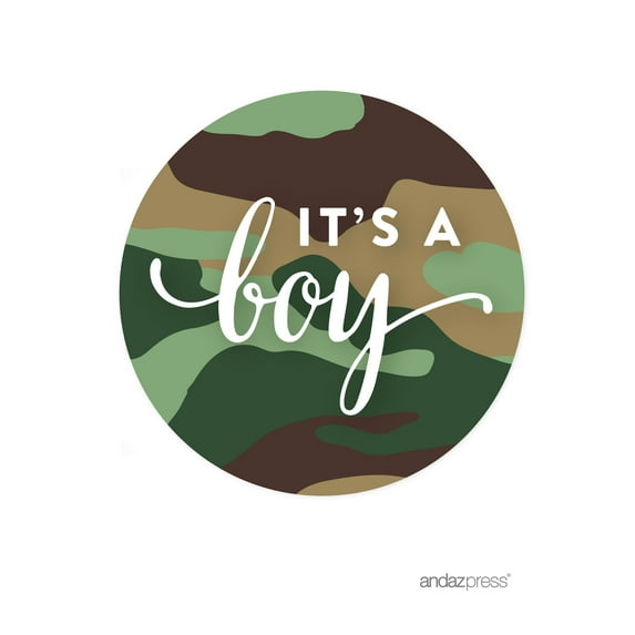 It's A Boy Green Woodland Camouflage Boy Baby Shower Round Label Stickers, 40-Pack