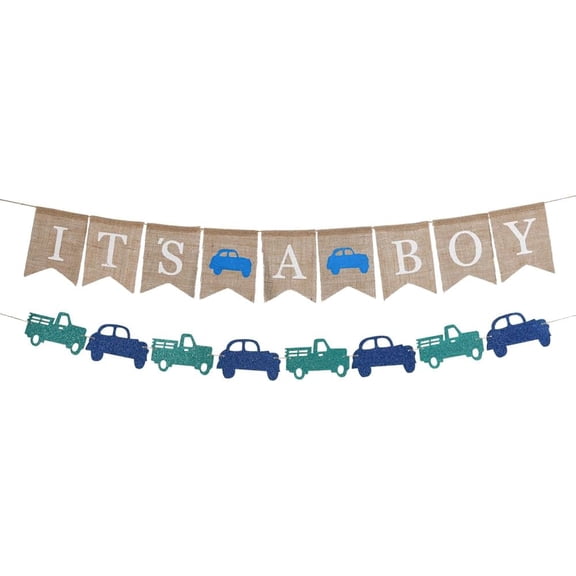 It's A Boy Vintage Truck Burlap Banner Set, Blue Car Pennant Garland for Truck Theme Boy Baby Shower Gender Reveal Party Decorations