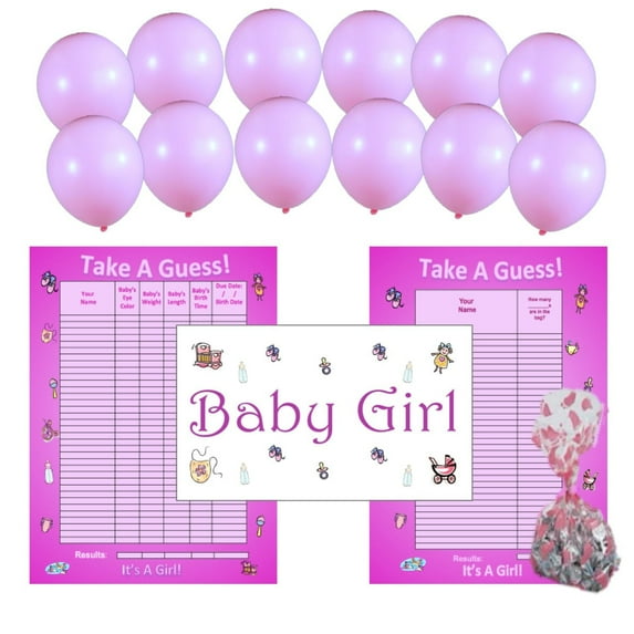 It's A Girl! Baby Guessing Game and Keepsake, Medium-35 Players, 12 Pink Balloons, 1 It's A Girl Poster- Bundle Board Boutique
