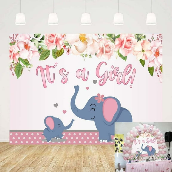 It's A Girl Baby Shower Backdrop Elephant Girl Party Photography Background Pink Floral Decoration Banner Girl Birthday Theme Photo Props (Pink)