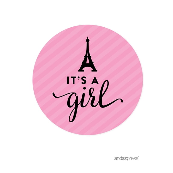 It's A Girl Paris Bonjour Bebe Girl Baby Shower Round Circle Label Stickers, 40-Pack